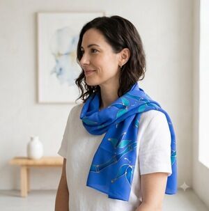 Hand Painted Silk Scarf Blue Gold Butterfly Bamboo Sash Wrap 66 x 10